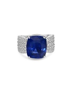14.16 Cts Blue Sapphire and White Diamond Ring in 14K White Gold