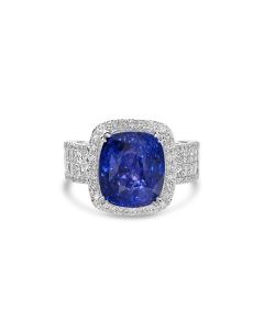 11.20 Cts Blue Sapphire and White Diamond Ring in 14K White Gold