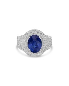 6.35 Cts Blue Sapphire and White Diamond Ring in 14K White Gold