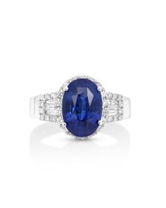 4.84 Cts Blue Sapphire and White Diamond Ring in 14K White Gold