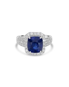 4.87 Cts Blue Sapphire and White Diamond Ring in 14K White Gold