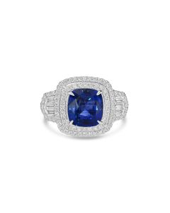 4.56 Cts Blue Sapphire and White Diamond Ring in 14K White Gold