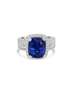 8.26 Cts Blue Sapphire and White Diamond Ring in 14K White Gold