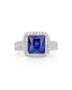 3.88 Cts Blue Sapphire and White Diamond Ring in 14K White Gold