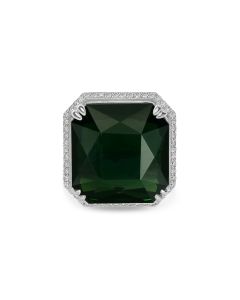 49.45 Cts Green Tourmaline and White Diamond Ring in 14K White Gold