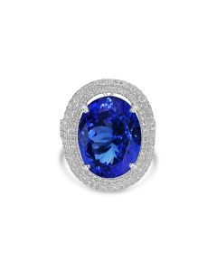 14.80 Cts Tanzanite and White Diamond Ring in 18K White Gold