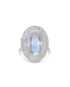 9.50 Cts Moonstone and White Diamond Ring in 14K White Gold