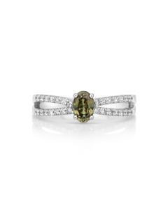 0.7 Cts Demantoid and White Diamond Ring in 14K White Gold