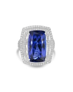 15.35 Cts Tanzanite and White Diamond Ring in 18K White Gold