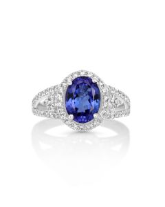 2.27 Cts Tanzanite and White Diamond Ring in 14K White Gold