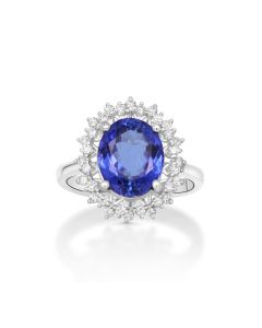 4.9 Cts Tanzanite and White Diamond Ring in 14K White Gold