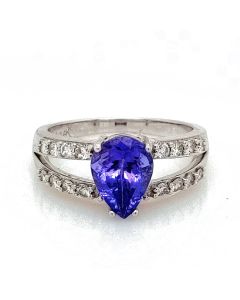 2.20 Cts Tanzanite and White Diamond Ring in 14K White Gold