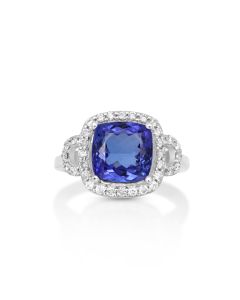4.05 Cts Tanzanite and White Diamond Ring in 14K White Gold