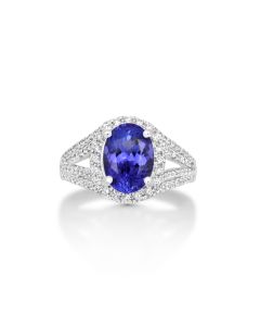 2.79 Cts Tanzanite and White Diamond Ring in 14K White Gold