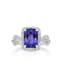 3.7 Cts Tanzanite and White Diamond Ring in 14K White Gold