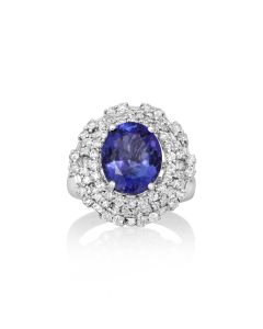 4.51 Cts Tanzanite and White Diamond Ring in 14K White Gold