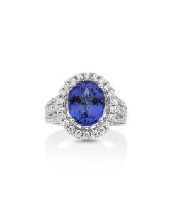 4.84 Cts Tanzanite and White Diamond Ring in 14K White Gold