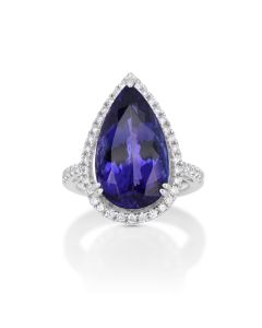 12.43 Cts Tanzanite and White Diamond Ring in 18K White Gold