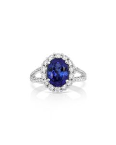 3.34 Cts Tanzanite and White Diamond Ring in 14K White Gold