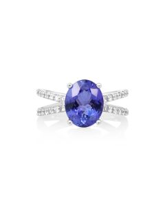 3.65 Cts Tanzanite and White Diamond Ring in 14K White Gold