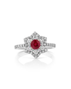 0.67 Cts Ruby and White Diamond Ring in 14K White Gold