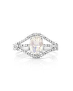 2.2 Cts Moonstone and White Diamond Ring in 14K White Gold