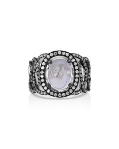 4.05 Cts Moonstone and White Diamond Ring in 14K Two Tone