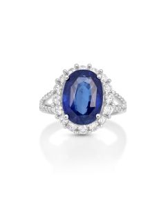 8.31 Cts Blue Sapphire and White Diamond Ring in 14K White Gold