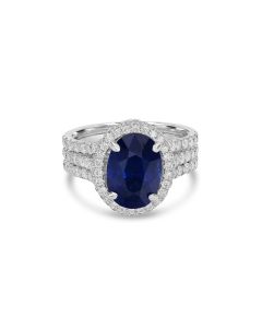 5.40 Cts Blue Sapphire and White Diamond Ring in 14K White Gold