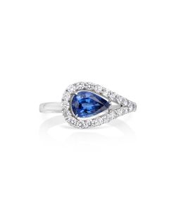 1.73 Cts Blue Sapphire and White Diamond Ring in 14K White Gold