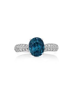 6.15 Cts Blue Zircon and White Diamond Ring in 14K White Gold
