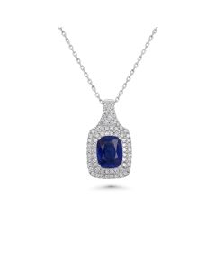 2.86 Cts Blue Sapphire and White Diamond Pendant in 14K White Gold