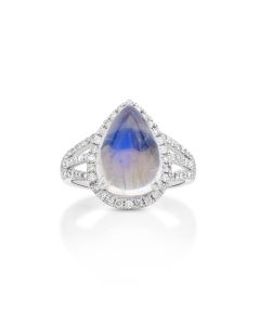 6.3 Cts Moonstone and White Diamond Ring in 14K White Gold