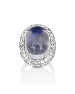 33.02 Cts Moonstone and White Diamond Ring in 18K White Gold