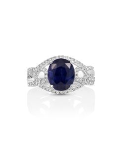 3.69 Cts Blue Sapphire and White Diamond Ring in 14K White Gold