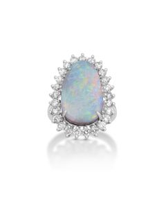 9.42 Cts Australian Opal and White Diamond Ring in 14K White Gold