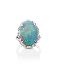 14.5 Cts Australian Opal and White Diamond Ring in 18K White Gold
