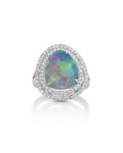 3.92 Cts Australian Opal and White Diamond Ring in 14K White Gold