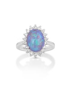 4.30 Cts Australian Opal and White Diamond Ring in 18K White Gold