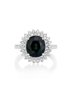 5.15 Cts Green Sapphire and White Diamond Ring in 18K White Gold