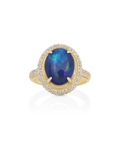 5.05 Cts Australian Opal and White Diamond Ring in 18K Yellow Gold
