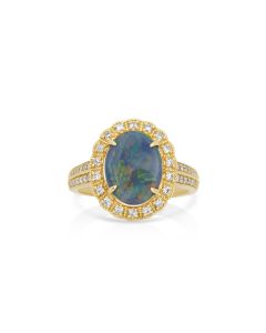 2.40 Cts Australian Lighting Ridge Opal and White Diamond Ring in 18K Yellow Gold