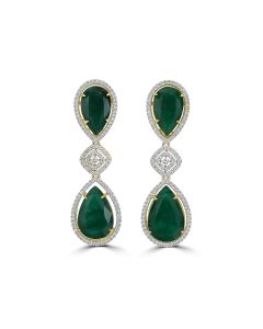 44.00 Cts Emerald and White Diamond Earring in 18K Two Tone