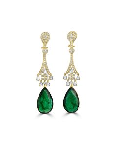39.00 Cts Emerald and White Diamond Earring in 18K Yellow Gold