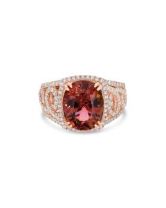 6.39 Cts Red Tourmaline and White Diamond Ring in 14K Rose Gold