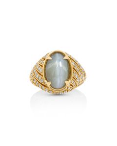 9.2 Cts Chrysoberyl and White Diamond Ring in 14K Yellow Gold