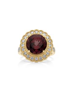 7.4 Cts Rhodolite and White Diamond Ring in 14K Yellow Gold