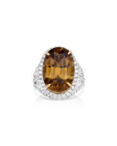 22.4 Cts Yellow Zircon and White Diamond Ring in 14K Two Tone