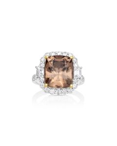 12.36 Cts Brown Zircon and White Diamond Ring in 14K Two Tone