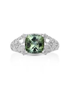 2.37 Cts Green Tourmaline and White Diamond Ring in 14K White Gold